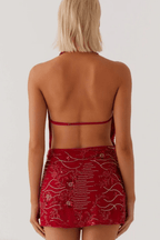 Olivia Red Embroidered Halter Mini Dress Avalabel