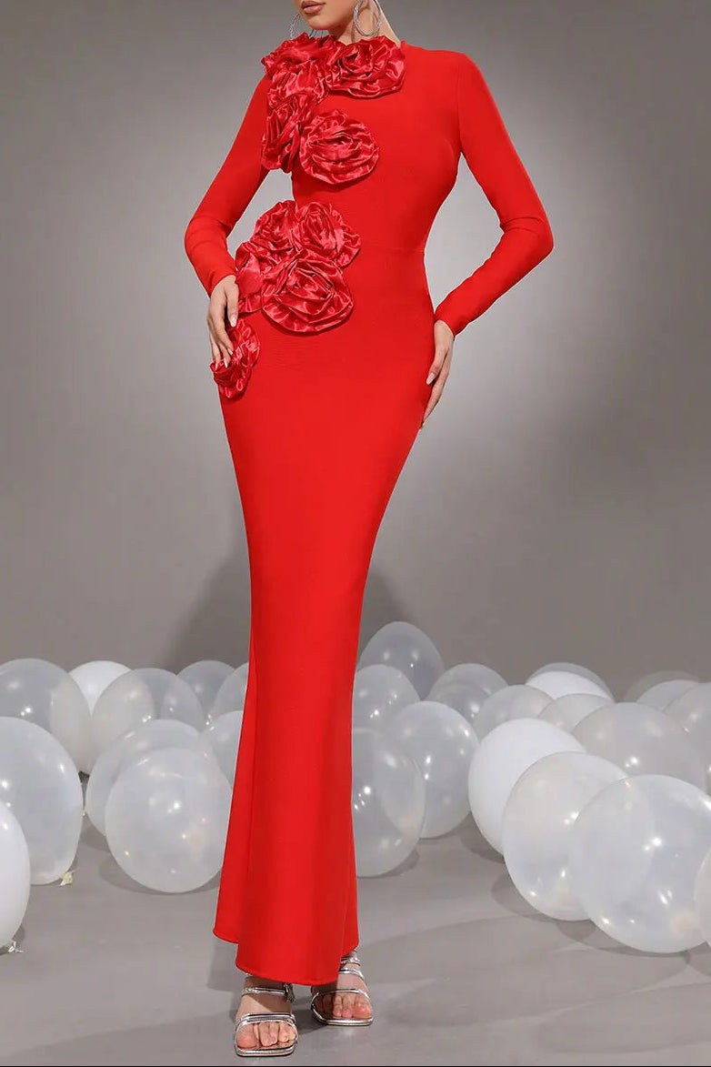sally 3D Flower Decorative Bandage maxi Dress in red Avalabel