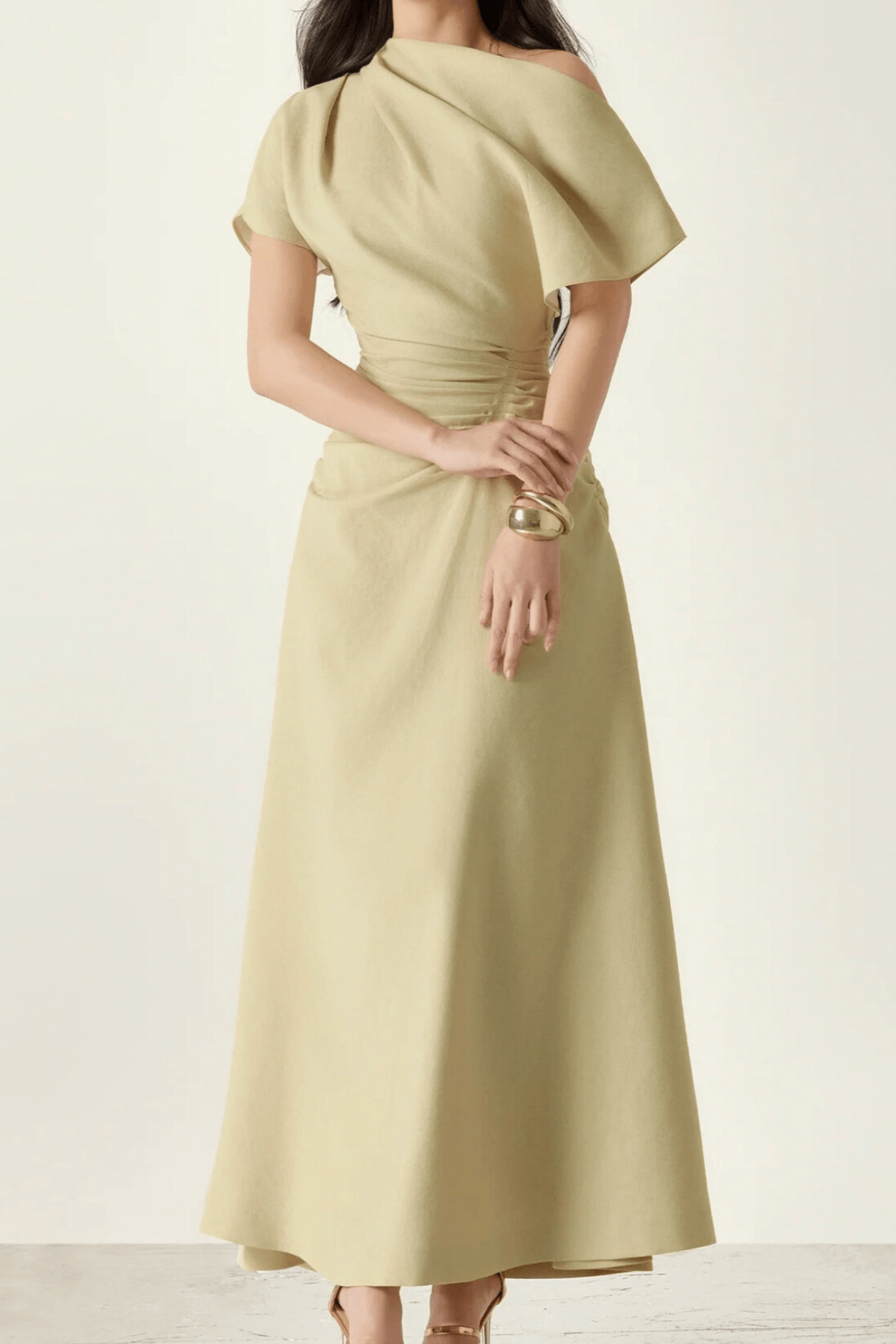 Ella Asymmetrical Off‑Shoulder Ruched Waist Midi Dress - Avalabel