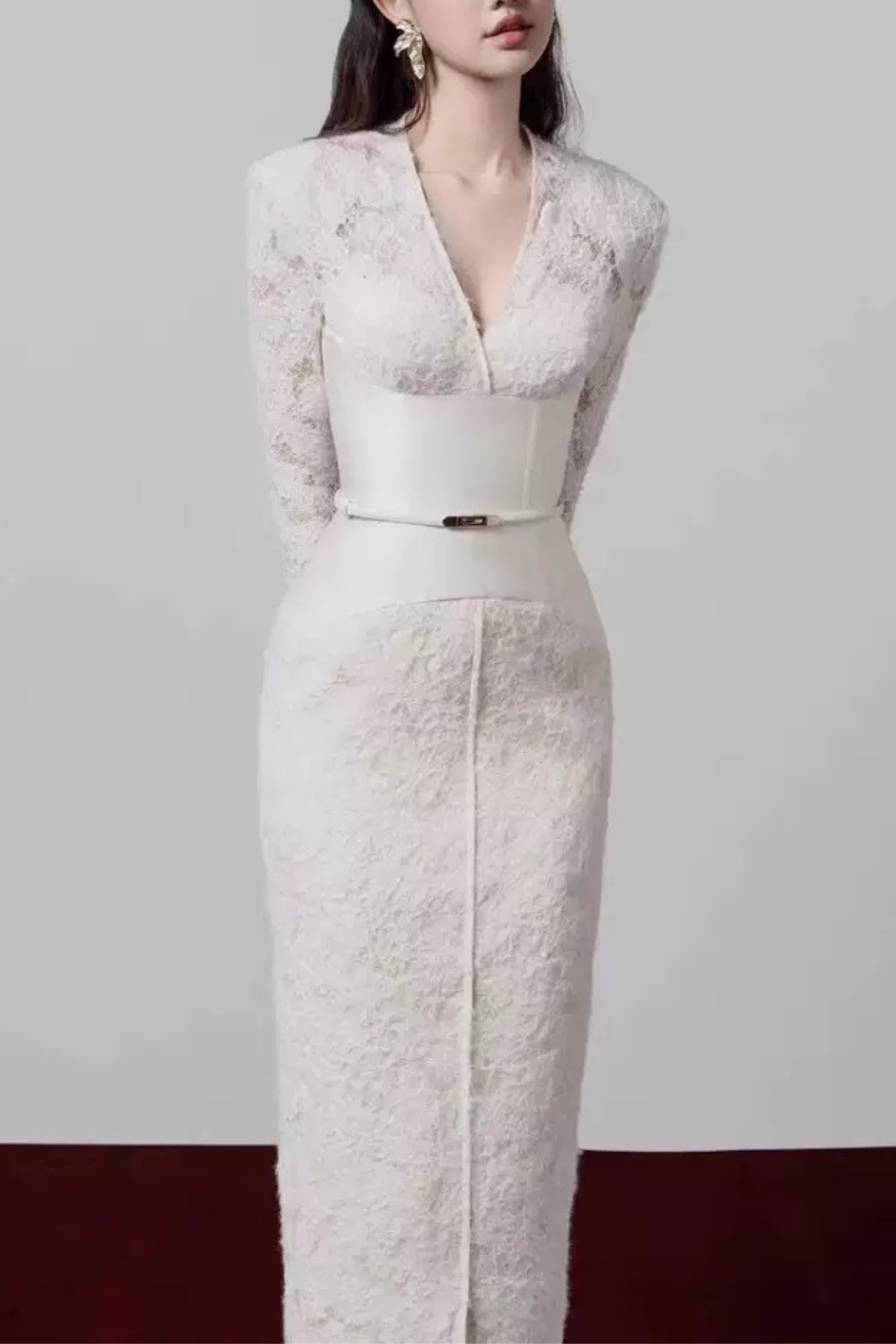 Mandy Lace Satin Belt Long Sleeve V‑Neck Midi Dress Avalabel