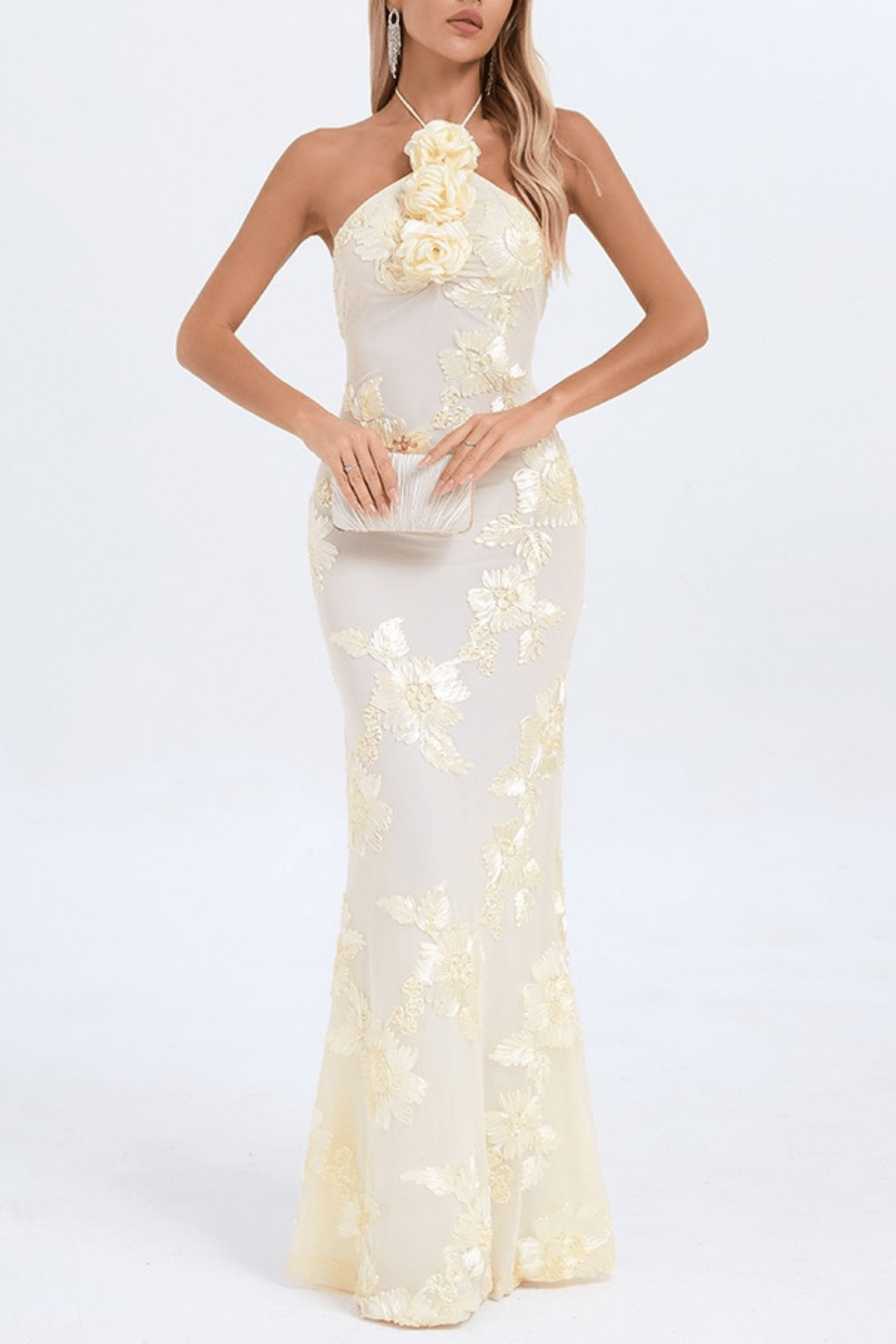 Jenny Cream Halter 3D Floral Mermaid Dress Avalabel