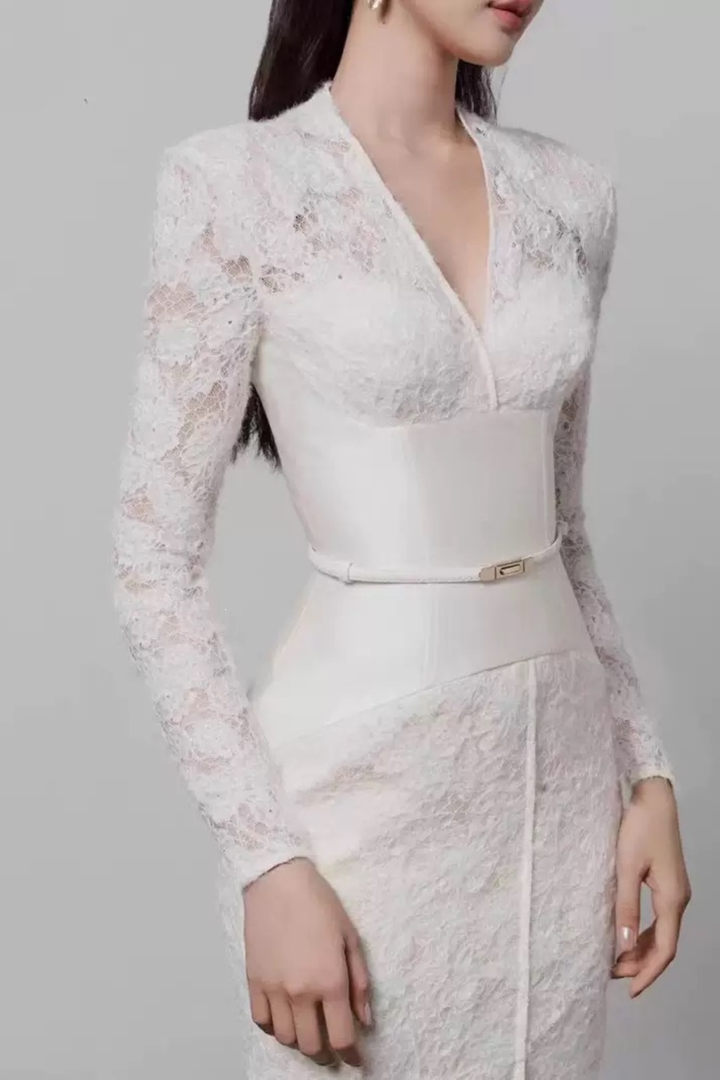 Mandy Lace Satin Belt Long Sleeve V‑Neck Midi Dress Avalabel