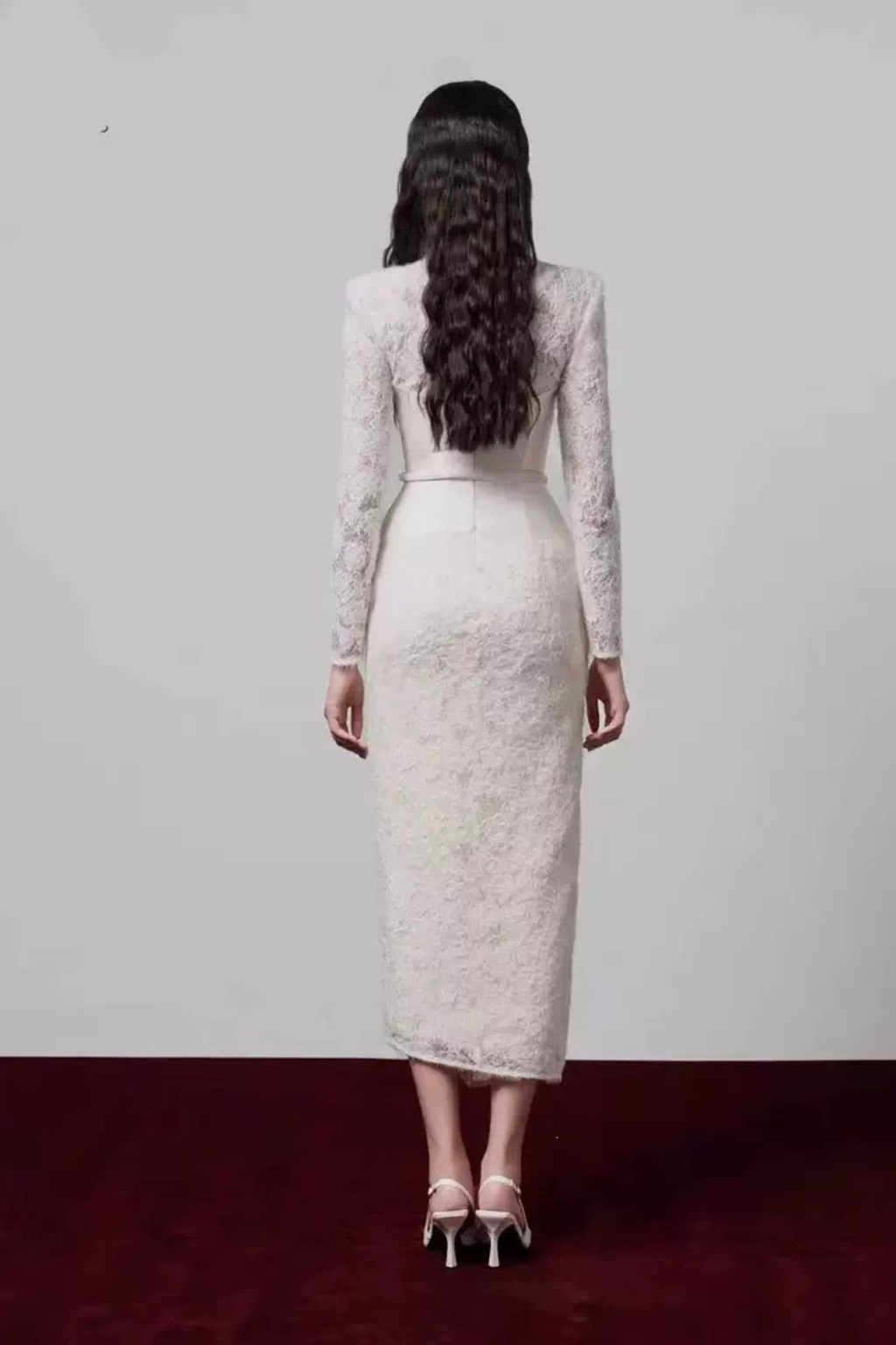 Mandy Lace Satin Belt Long Sleeve V‑Neck Midi Dress Avalabel