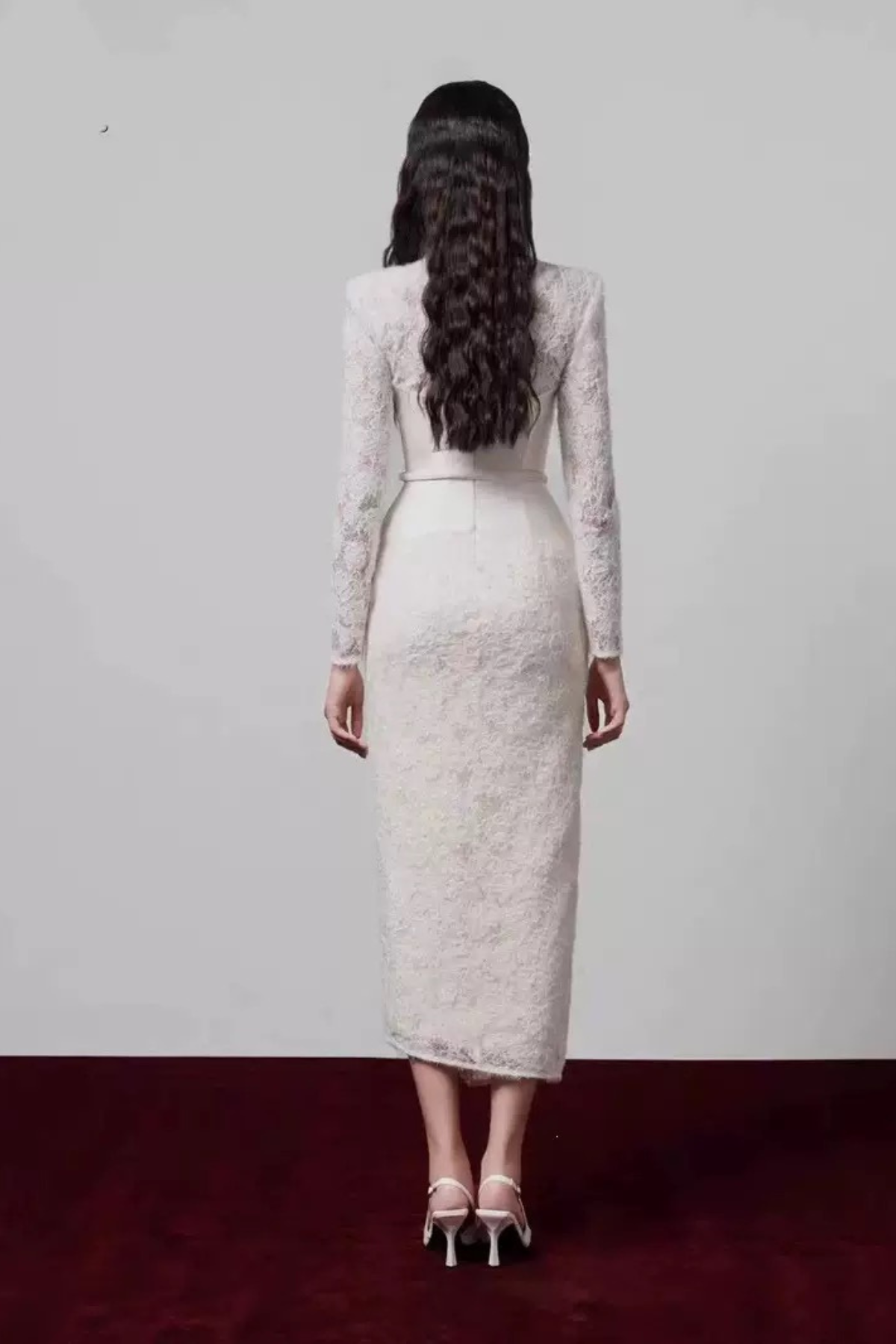 Mandy Lace Satin Belt Long Sleeve V‑Neck Midi Dress Avalabel