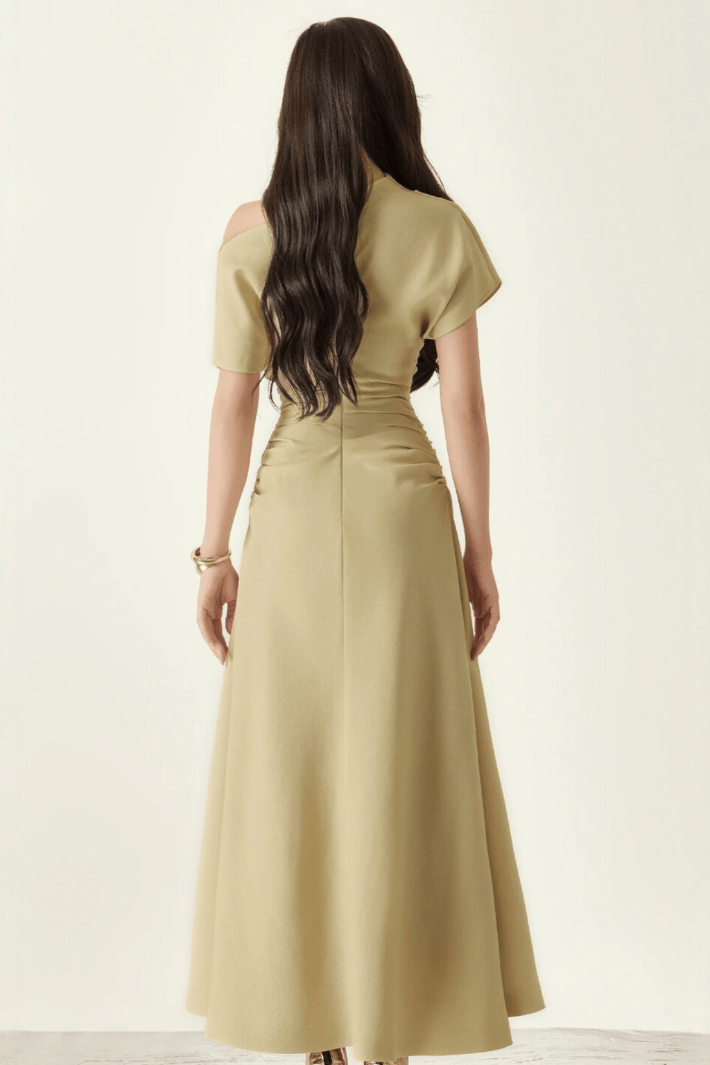 Ella Asymmetrical Off‑Shoulder Ruched Waist Midi Dress - Avalabel