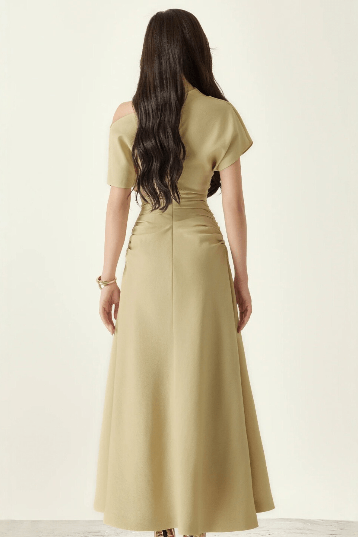 Ella Asymmetrical Off‑Shoulder Ruched Waist Midi Dress - Avalabel