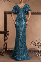Diana Sequin Mermaid V‑Neck Flutter Sleeve Formal Dress Avalabel