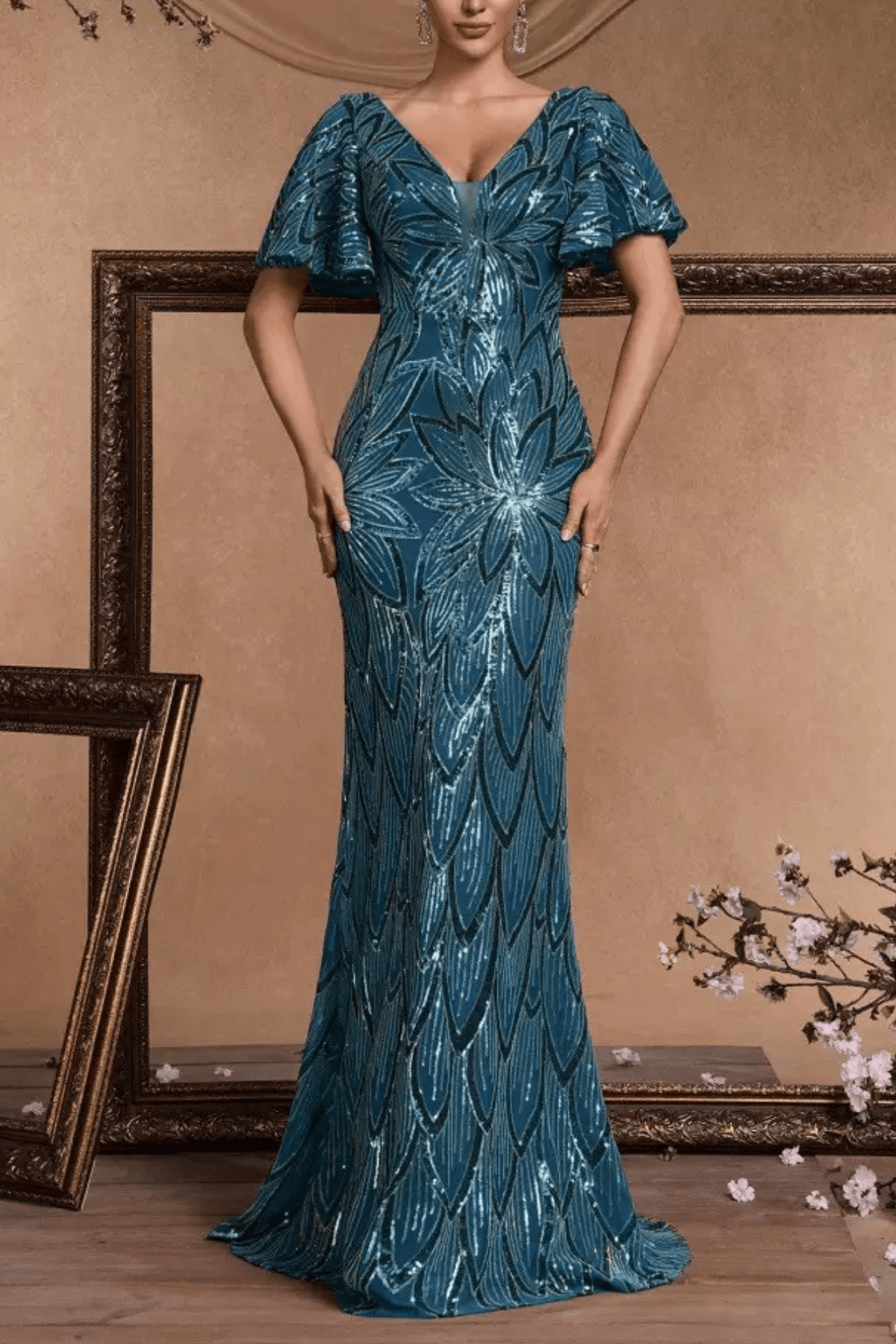 Diana Sequin Mermaid V‑Neck Flutter Sleeve Formal Dress Avalabel