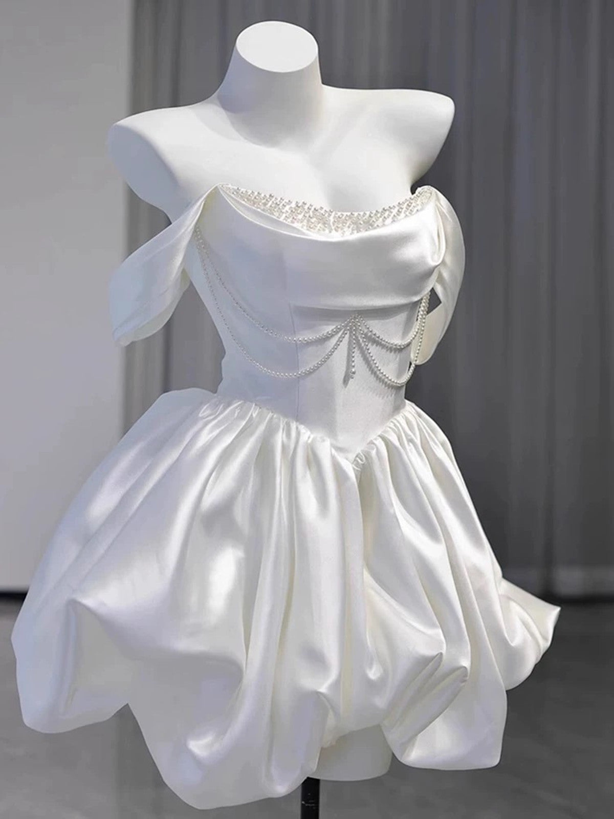 White Satin Beaded Off Shoulder Mini Dress Avalabel