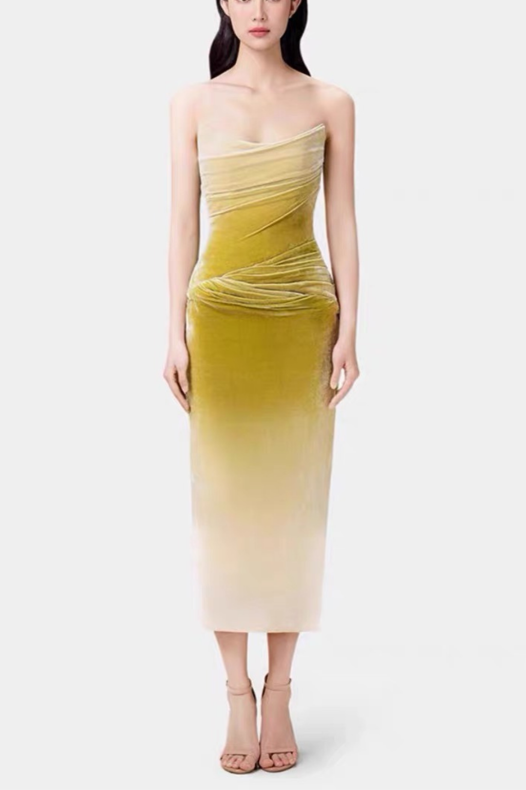 Ombre Velvet Strapless Draped Ruched Dress Avalabel