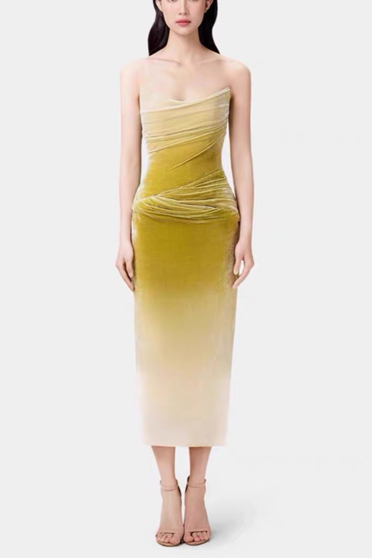 Ombre Velvet Strapless Draped Ruched Dress Avalabel
