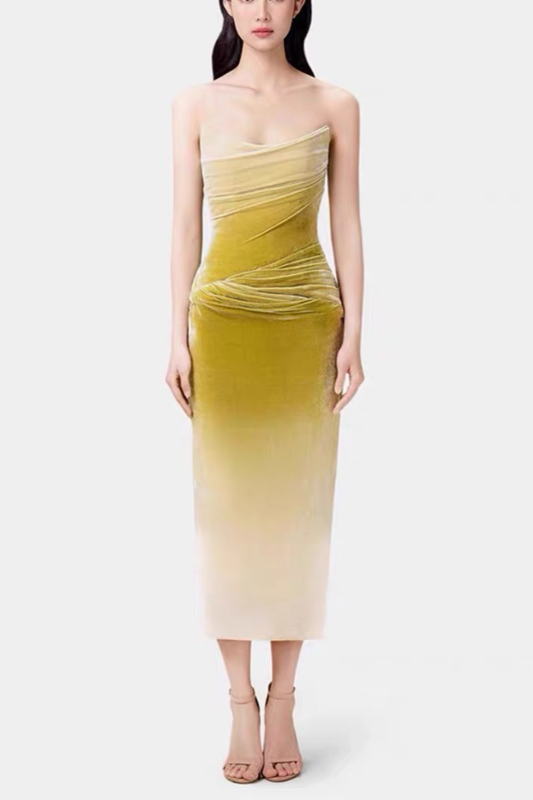 Ombre Velvet Strapless Draped Ruched Dress