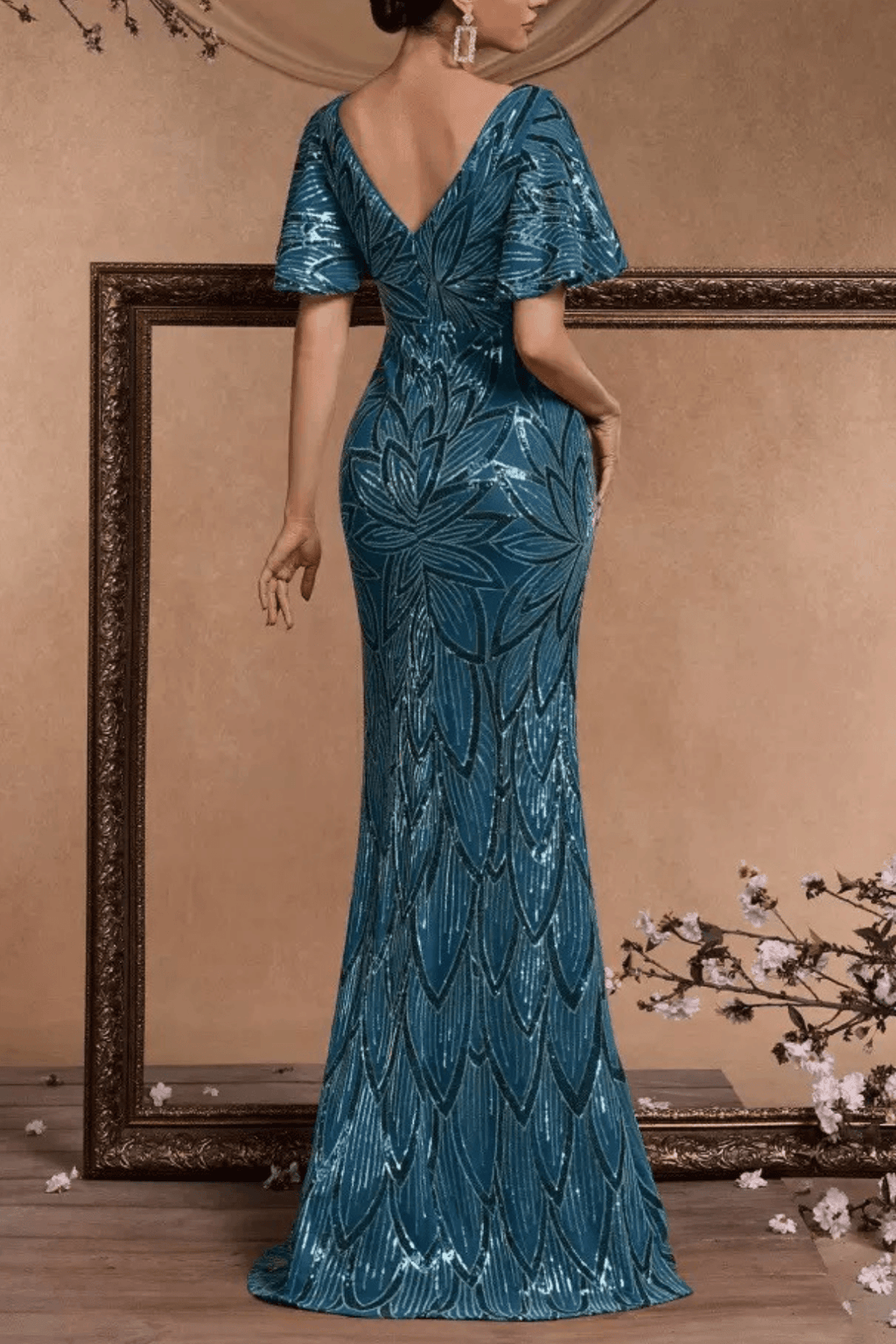 Diana Sequin Mermaid V‑Neck Flutter Sleeve Formal Dress Avalabel
