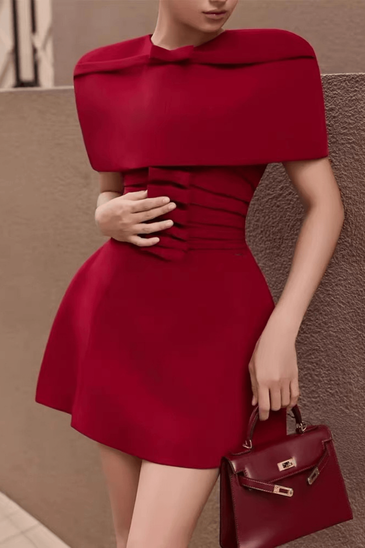 Nicole Red Cape Sleeve Ruched Mini Dress Avalabel