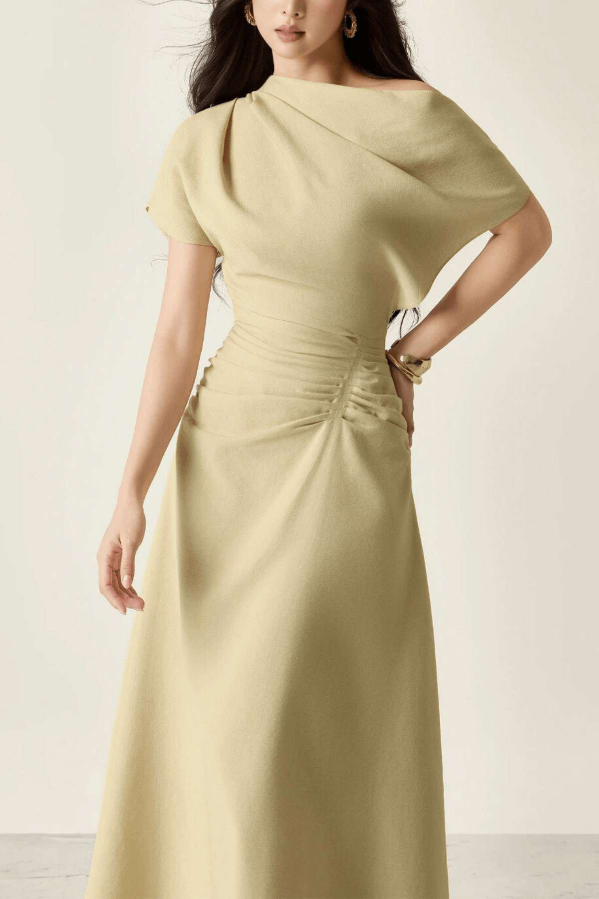 Ella Asymmetrical Off‑Shoulder Ruched Waist Midi Dress - Avalabel