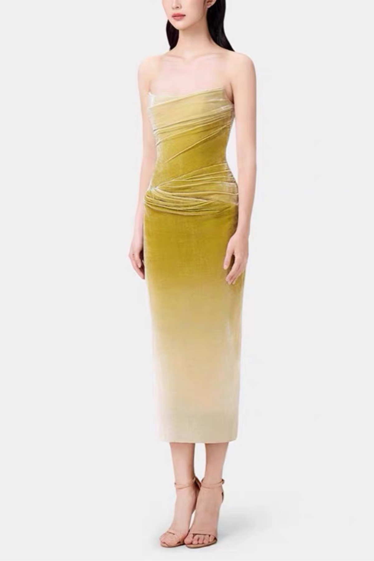 Ombre Velvet Strapless Draped Ruched Dress Avalabel