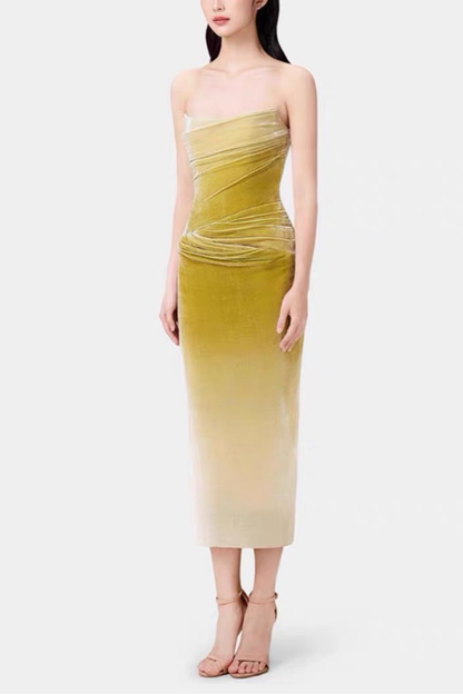 Ombre Velvet Strapless Draped Ruched Dress