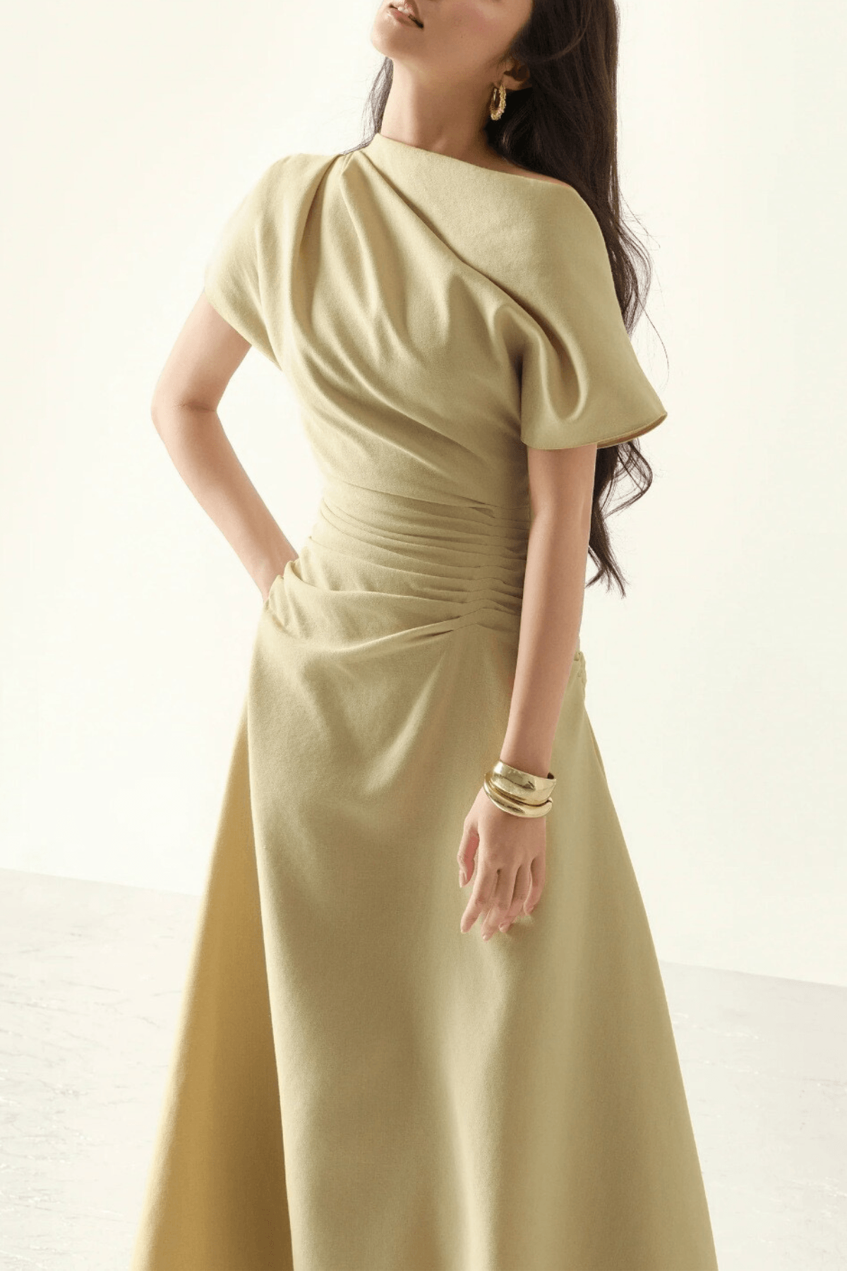 Ella Asymmetrical Off‑Shoulder Ruched Waist Midi Dress - Avalabel