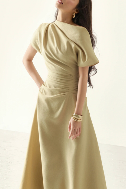 Ella Asymmetrical Off‑Shoulder Ruched Waist Midi Dress