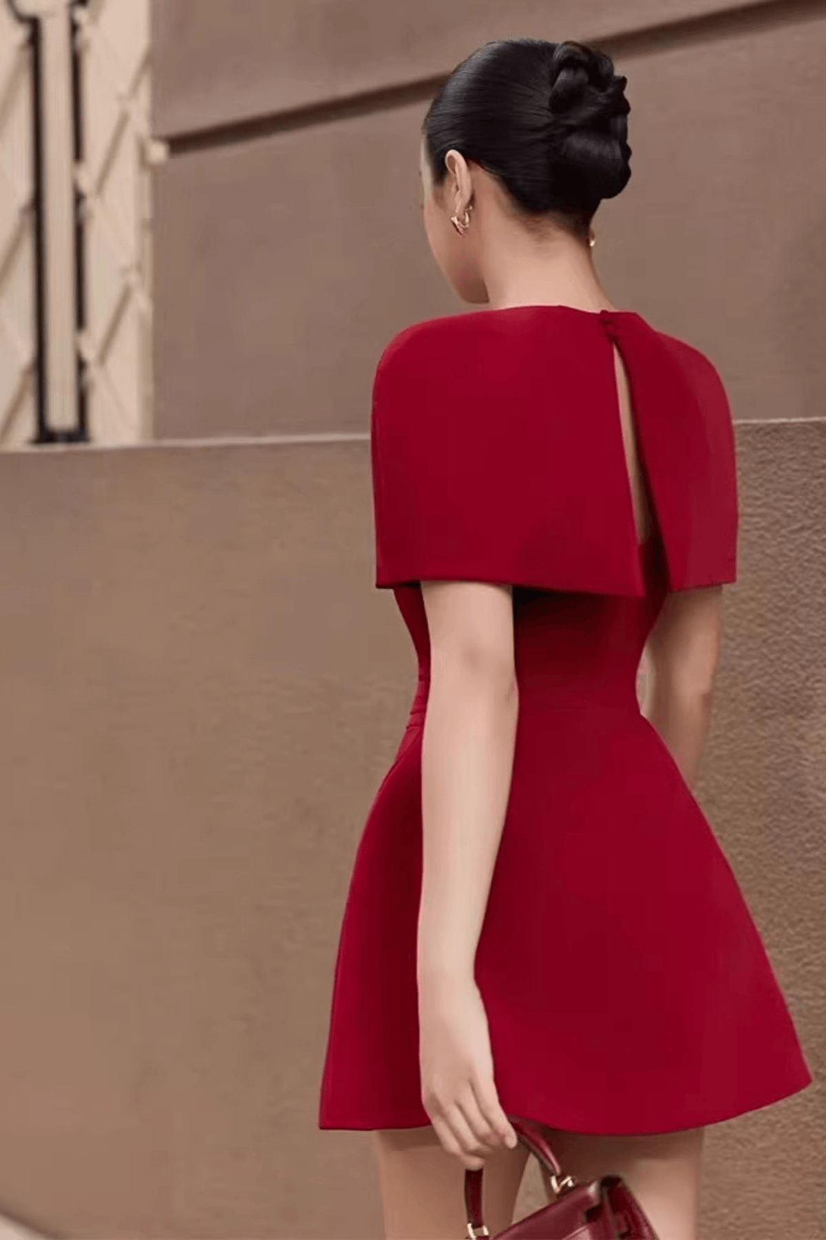 Nicole Red Cape Sleeve Ruched Mini Dress Avalabel