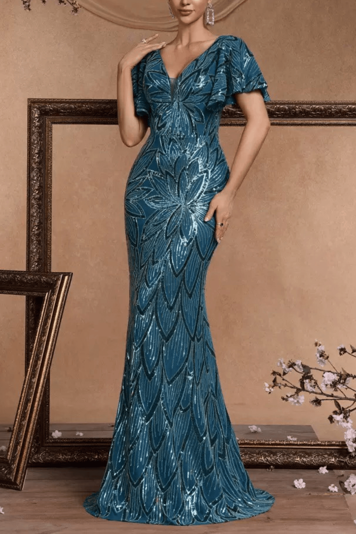 Diana Sequin Mermaid V‑Neck Flutter Sleeve Formal Dress Avalabel