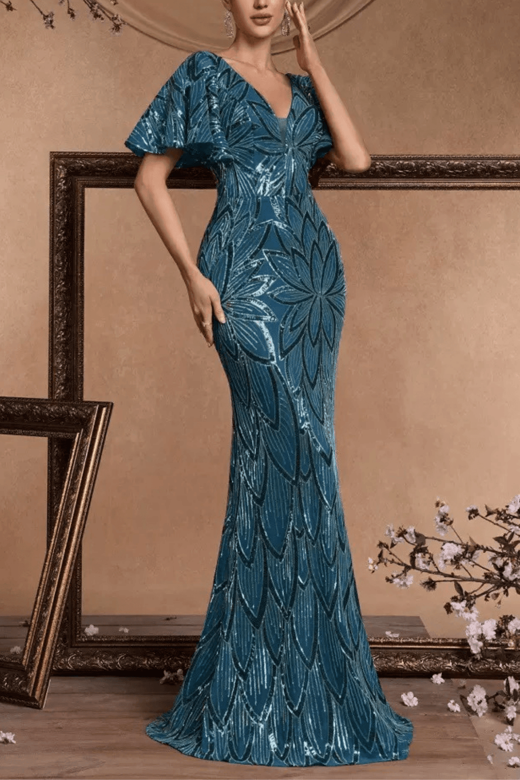 Diana Sequin Mermaid V‑Neck Flutter Sleeve Formal Dress Avalabel