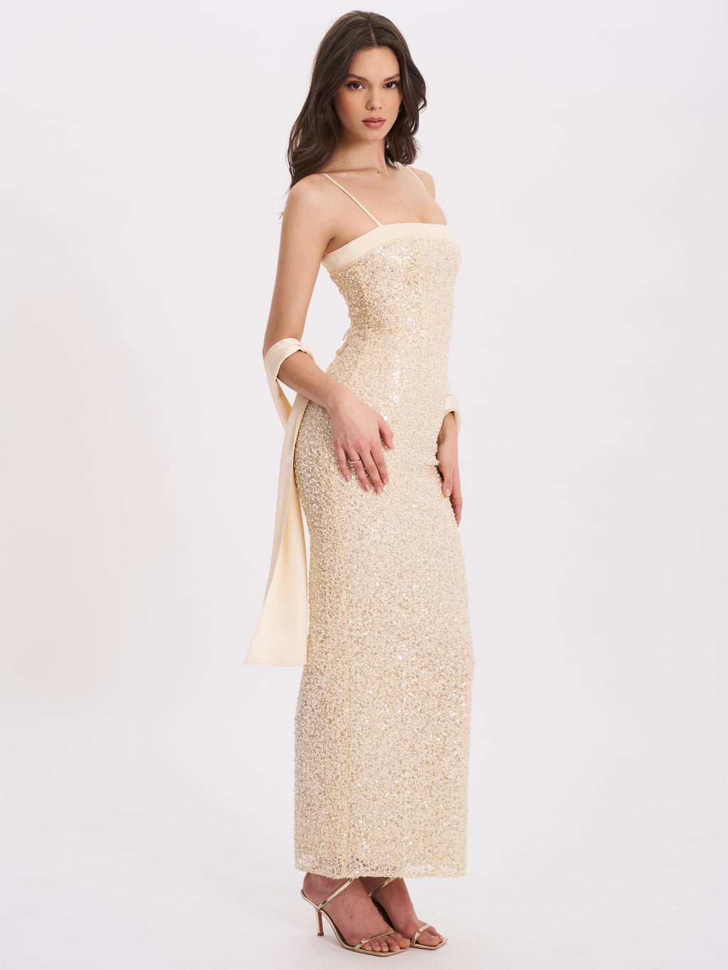 Raizel Gold Beaded Sequin Bodycon Gown with Scarf Avalabel