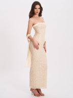 Raizel Gold Beaded Sequin Bodycon Gown with Scarf Avalabel