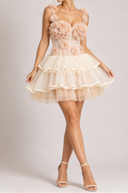 Blush Spaghetti Strap 3D Floral Corset Top & High Low Tiered Tulle Skirt Set Avalabel