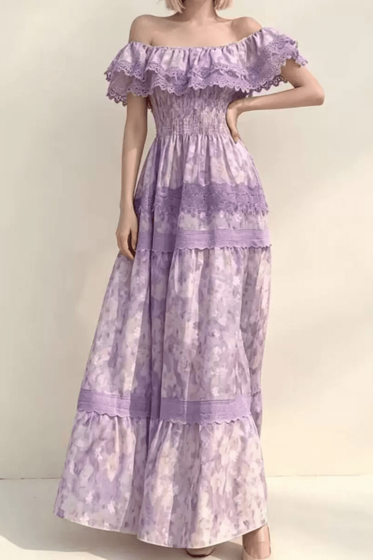 Kate Off Shoulder Ruffled Trim Floral Tiered Dress Avalabel