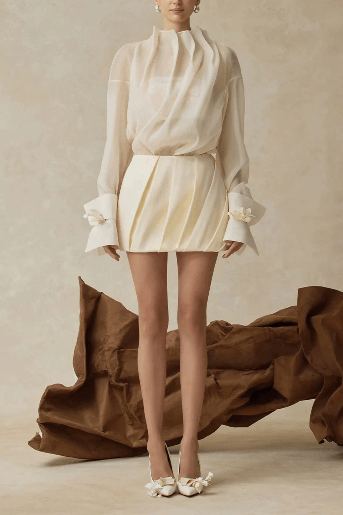 Ivory Bow Detail Long Sleeve Two Piece Skirt Set Avalabel