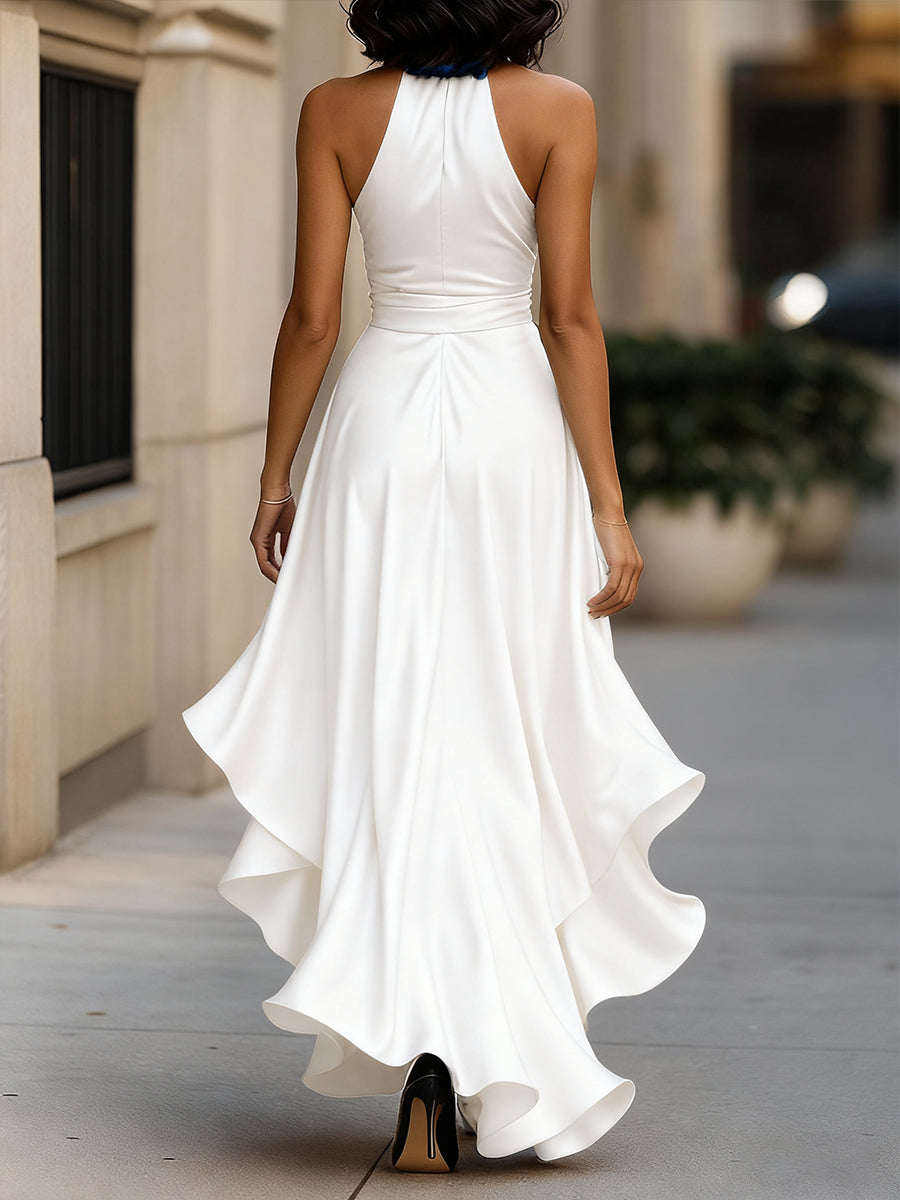 Midnight Elegance Satin Halter Ruffle Gown Avalabel