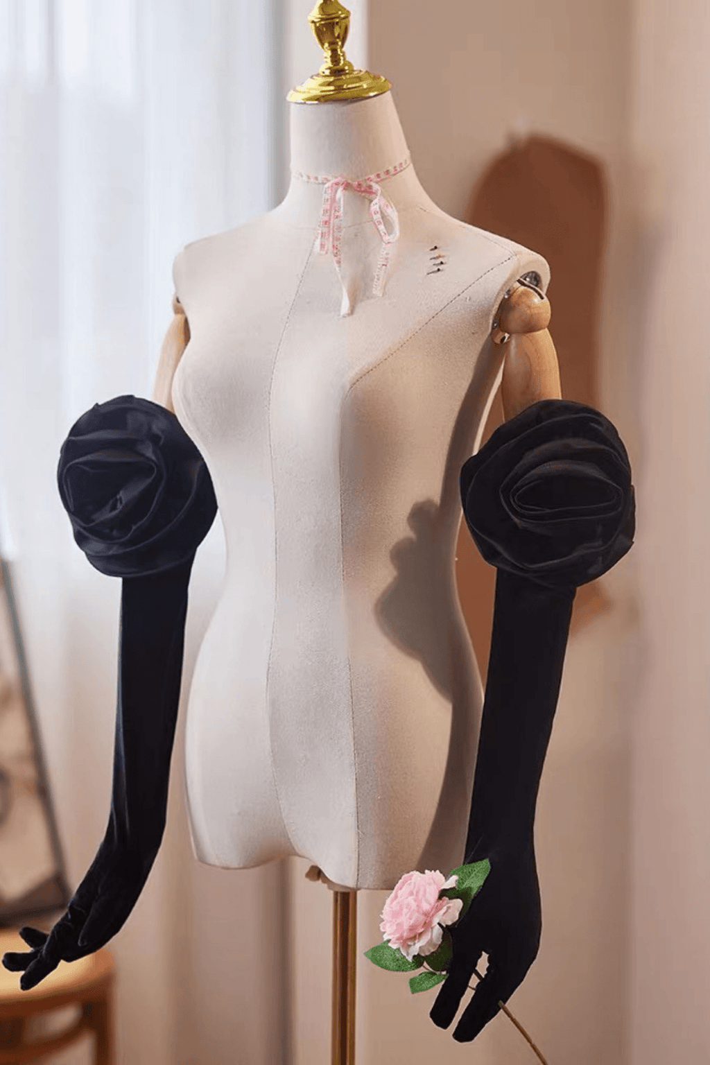 3D Rose Decor Black Velvet Long Gloves Avalabel