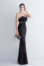 MARIAN BLACK CUTOUT SEQUINS HALTER MAXI DRESS Avalabel