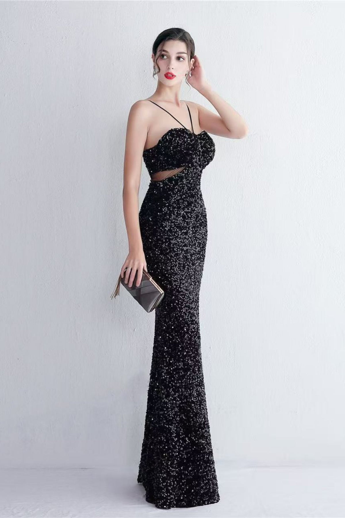 MARIAN BLACK CUTOUT SEQUINS HALTER MAXI DRESS Avalabel