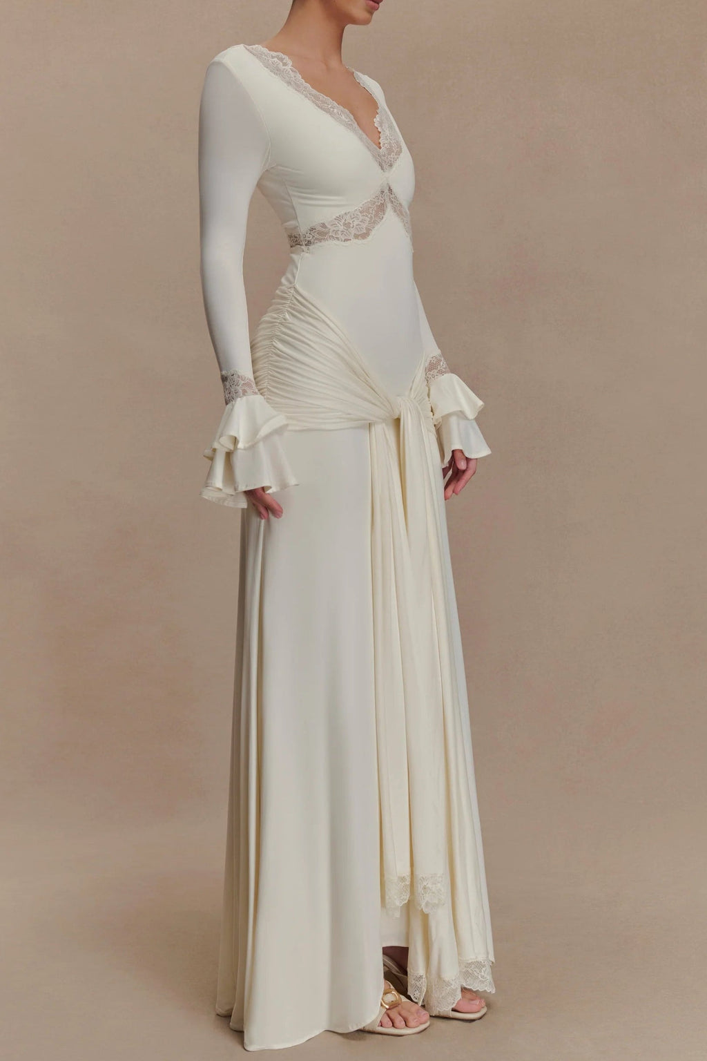 pamela V-neck lace see-through maxi dress in white Avalabel