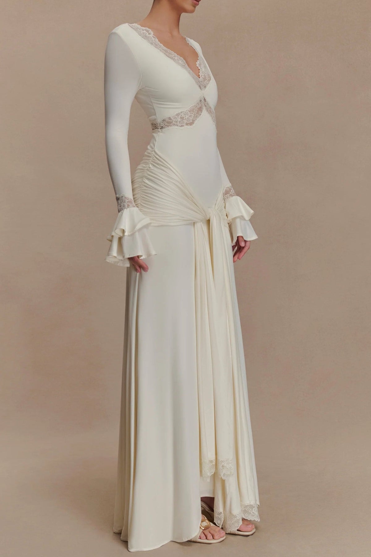pamela V-neck lace see-through maxi dress in white Avalabel