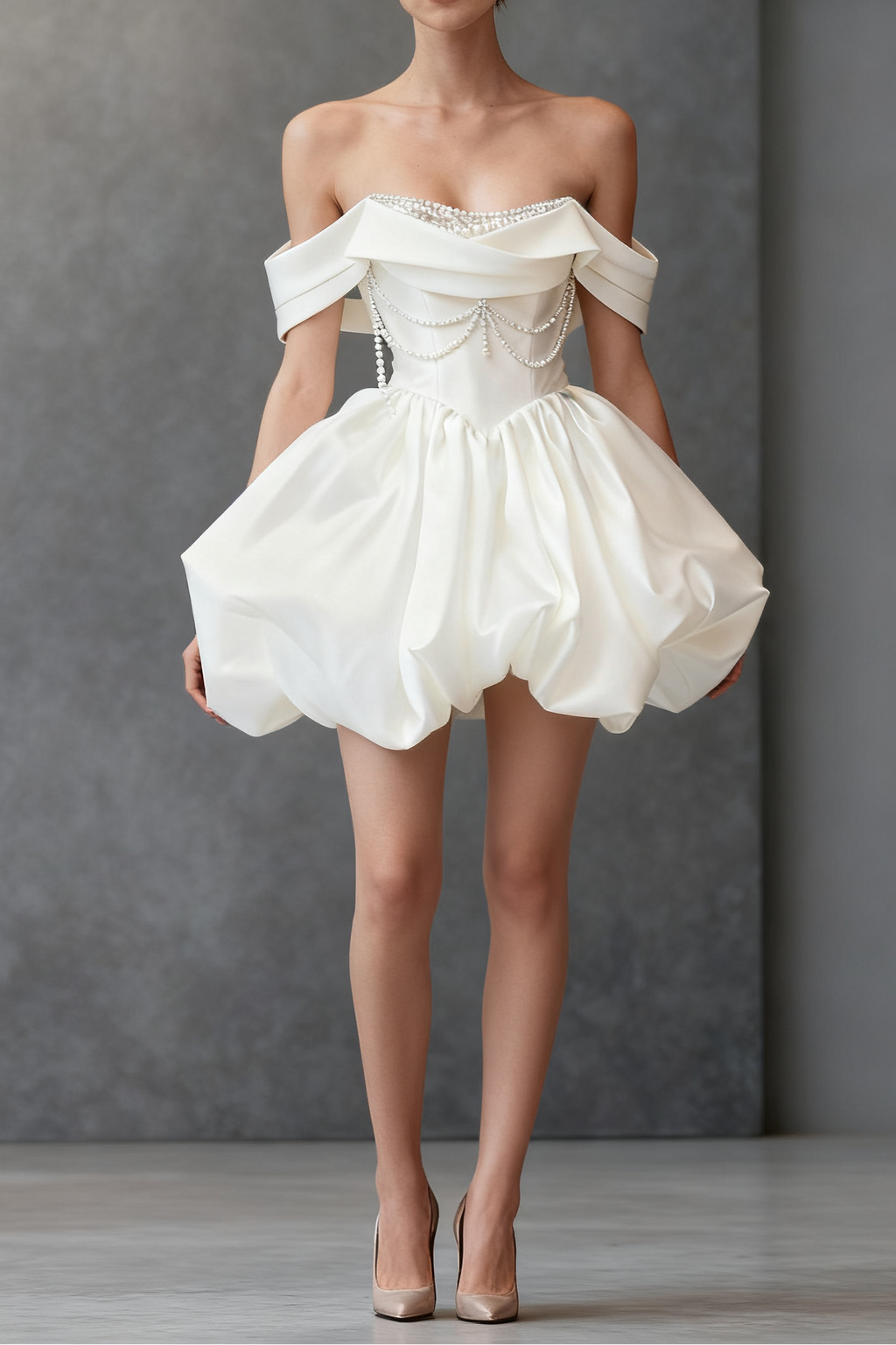 White Satin Beaded Off Shoulder Mini Dress Avalabel