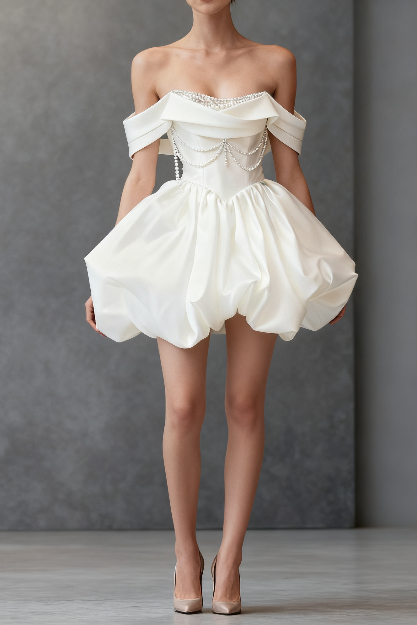 White Satin Beaded Off Shoulder Mini Dress Avalabel