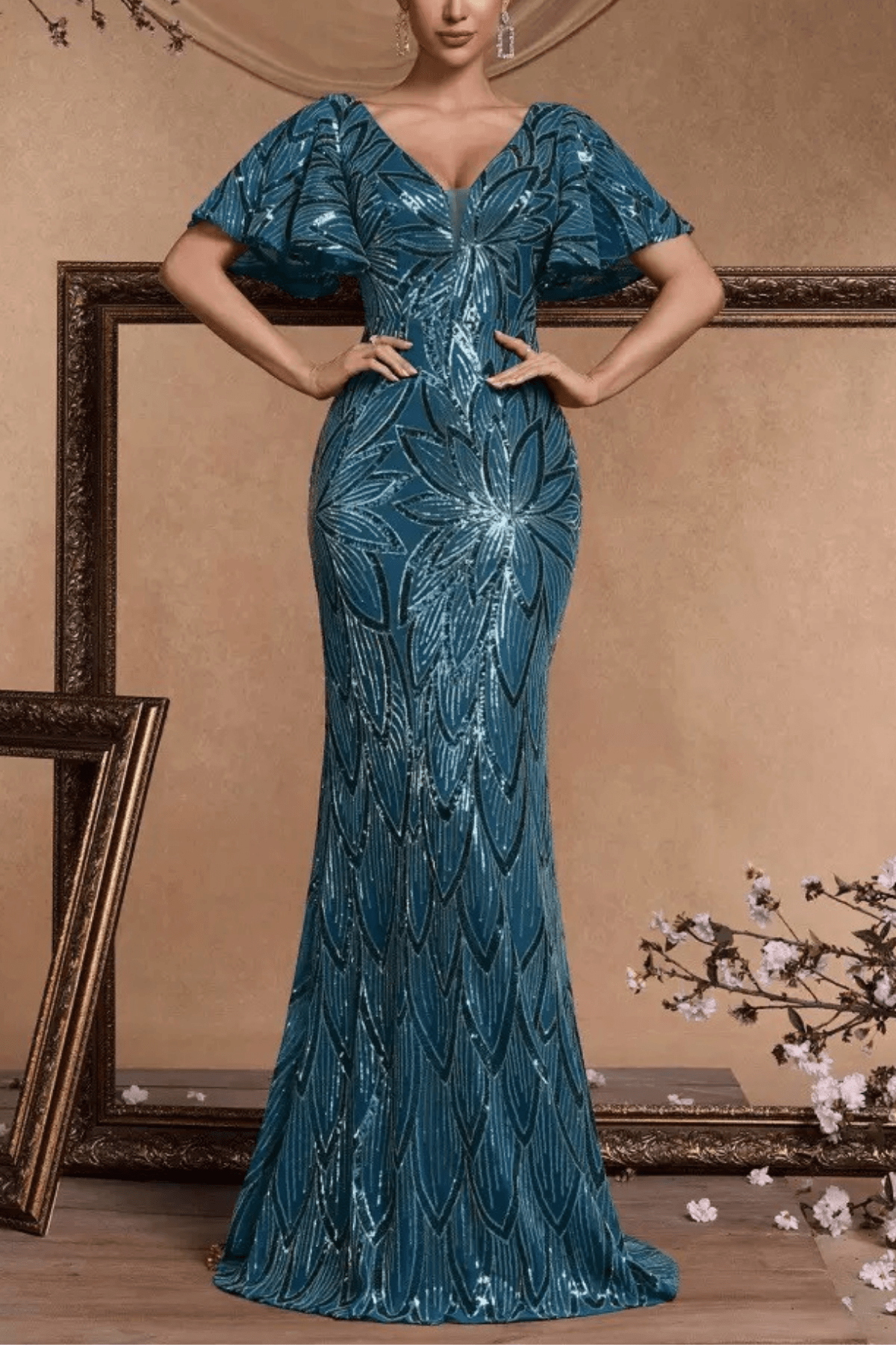 Diana Sequin Mermaid V‑Neck Flutter Sleeve Formal Dress Avalabel