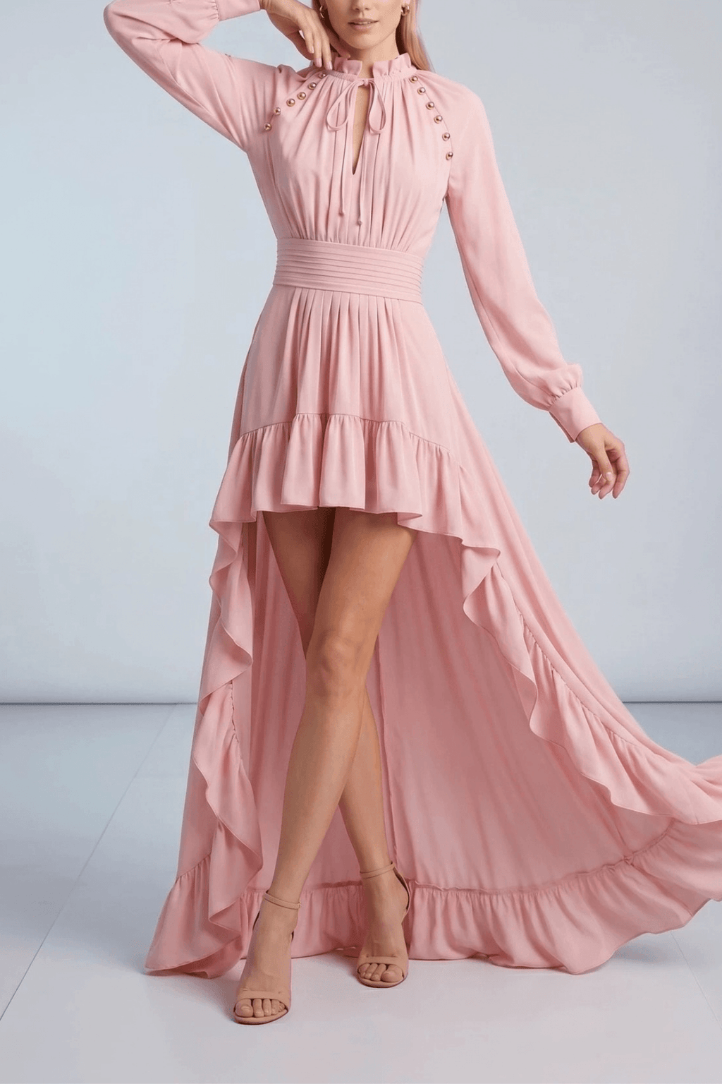 Karin Pink Long Sleeve High Low Ruffle Maxi Dress Avalabel