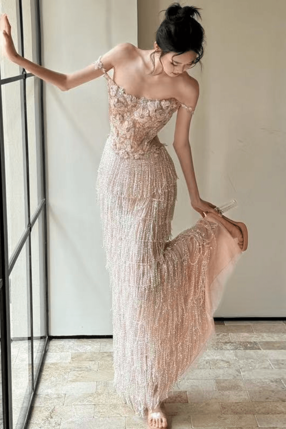 Serena Off-Shoulder 3D Floral Beaded Fringe Mermaid Maxi Dress - Avalabel