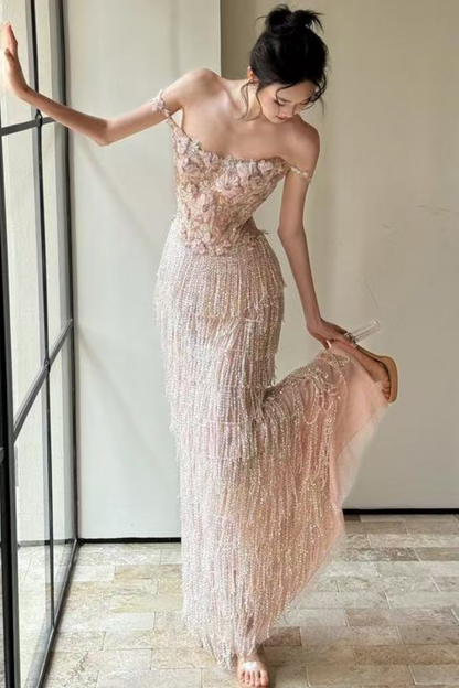 Serena Off Shoulder 3D Floral Beaded Fringe Mermaid Maxi Dress
