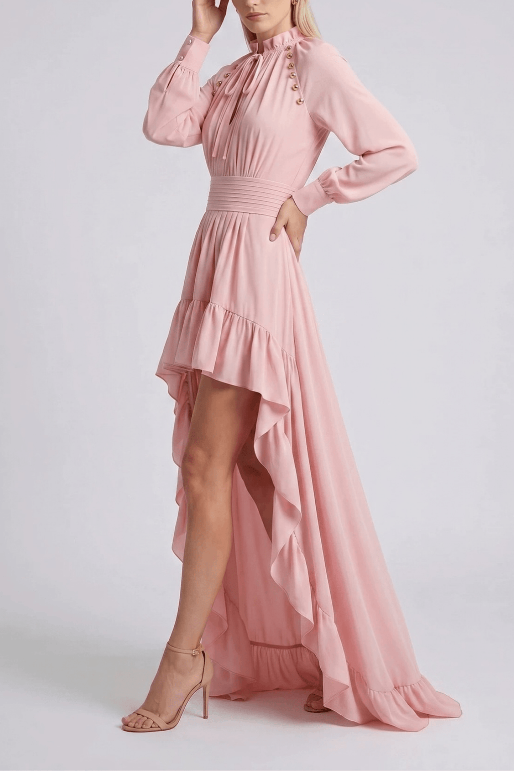 Karin Pink Long Sleeve High Low Ruffle Maxi Dress Avalabel