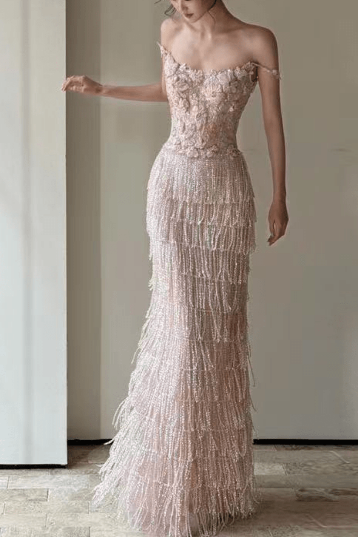 Serena Off-Shoulder 3D Floral Beaded Fringe Mermaid Maxi Dress - Avalabel