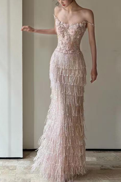 Serena Off Shoulder 3D Floral Beaded Fringe Mermaid Maxi Dress
