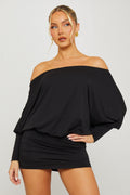 Black Off Shoulder Ruched Batwing Mini Dress Avalabel