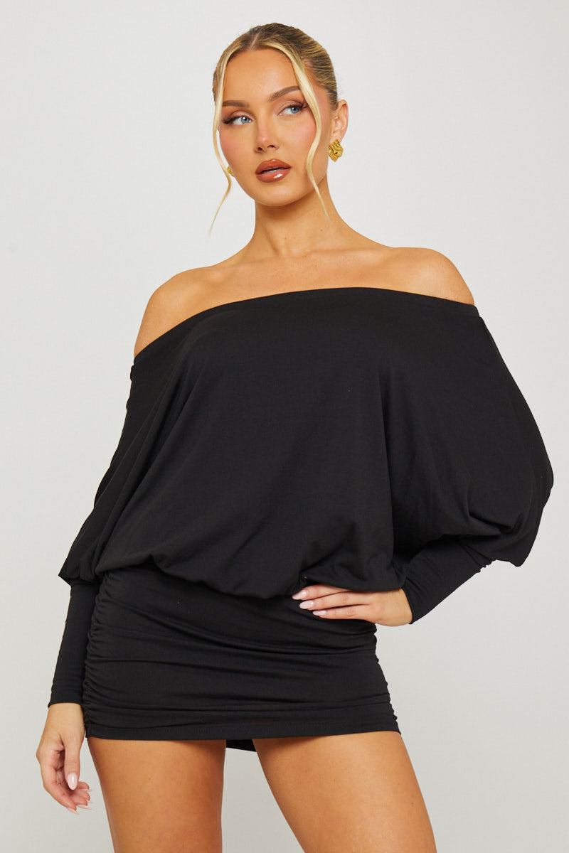 Black Off Shoulder Ruched Batwing Mini Dress Avalabel
