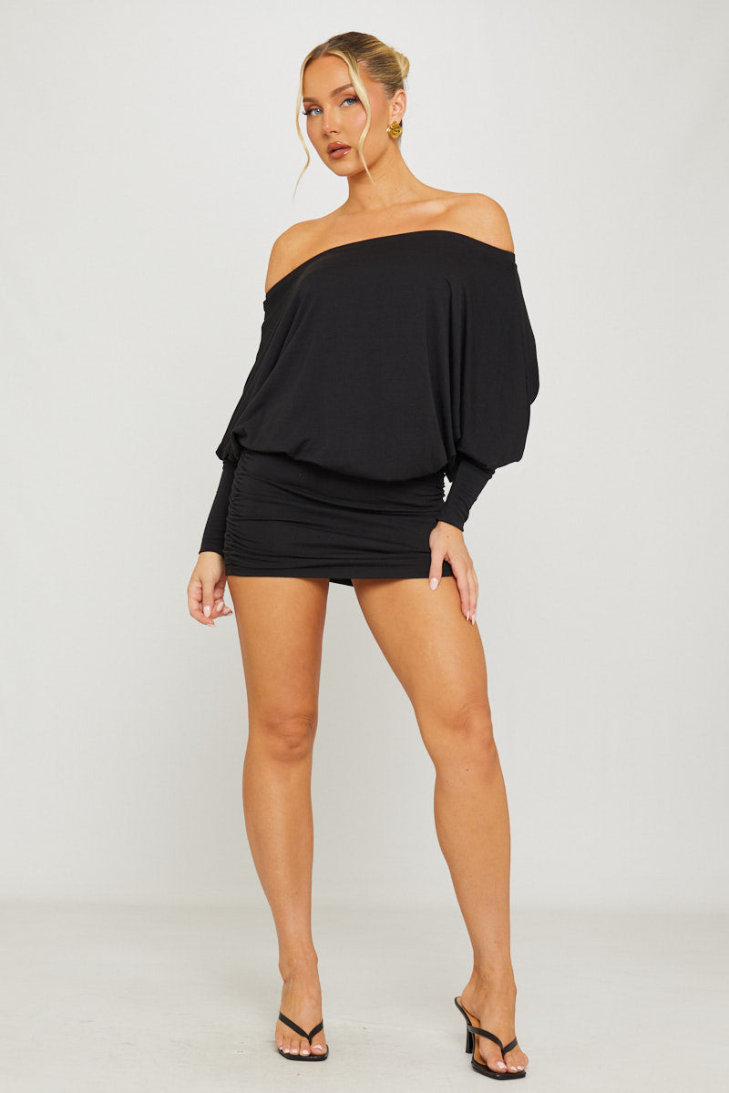 Black Off Shoulder Ruched Batwing Mini Dress Avalabel