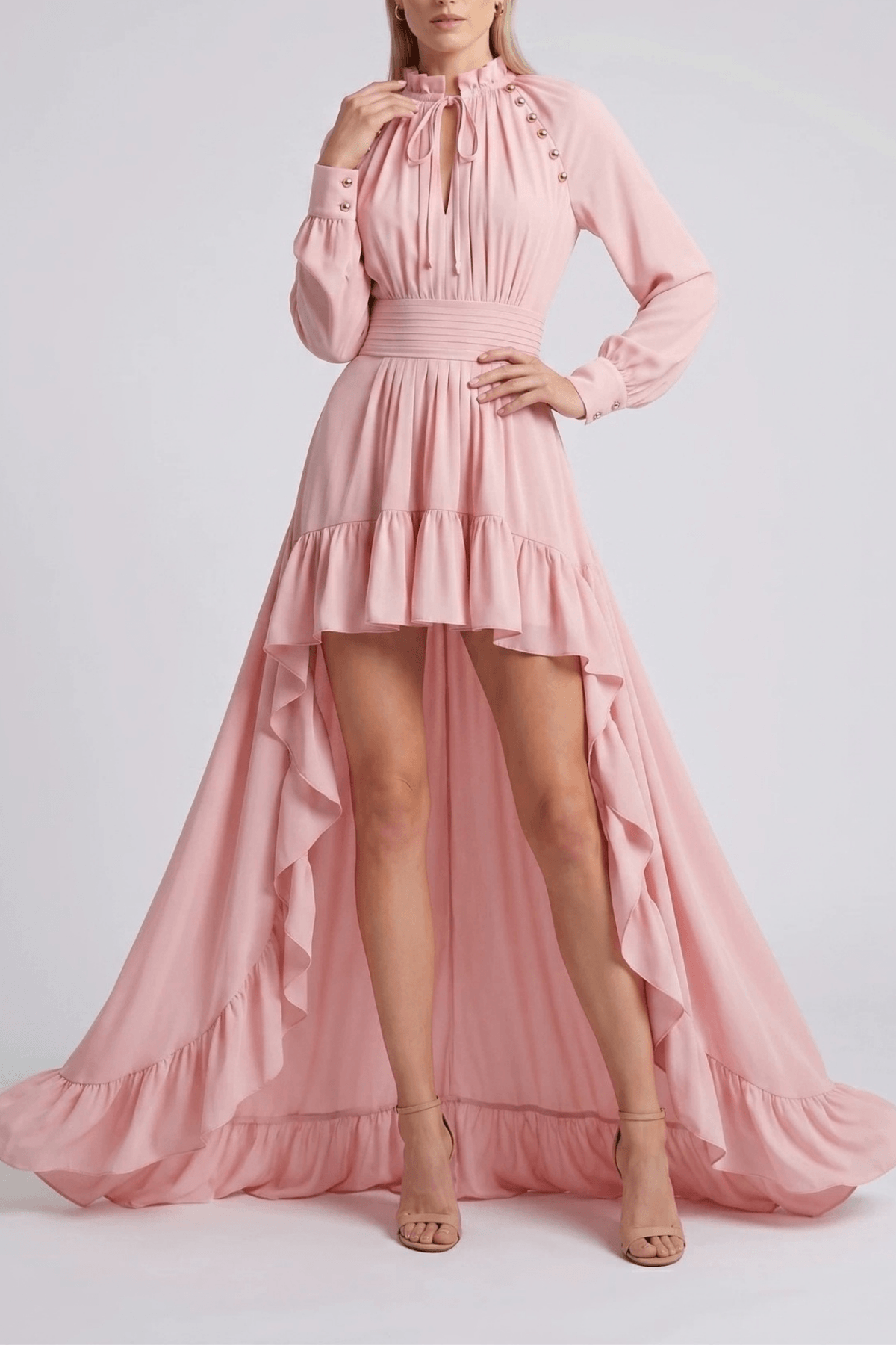 Karin Pink Long Sleeve High Low Ruffle Maxi Dress Avalabel